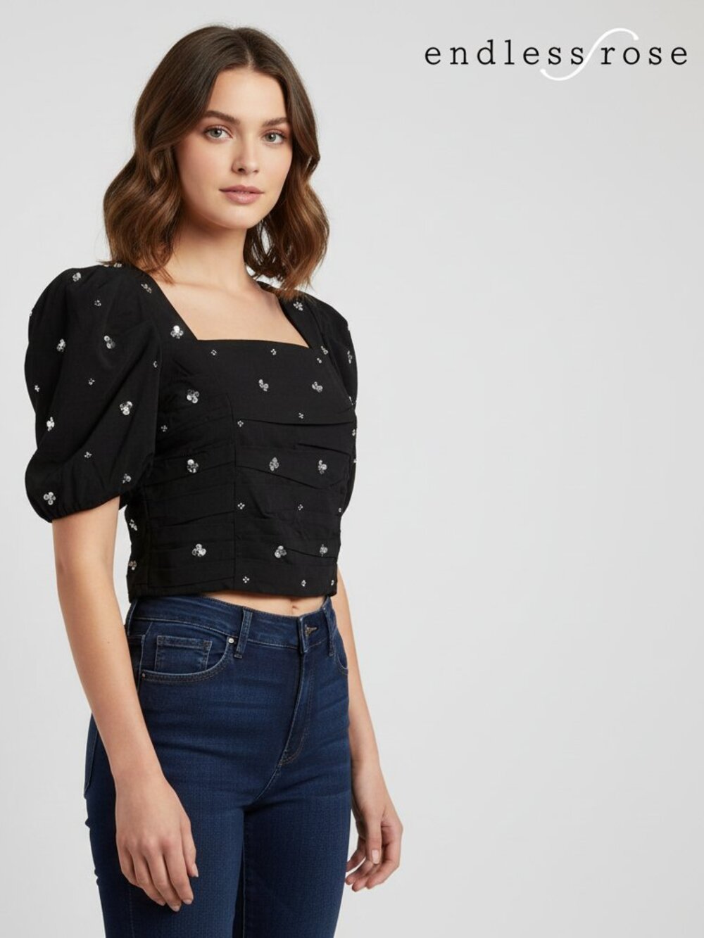 Endless Rose Floral Sequin Puff Sleeve Top NWOT Black Medium